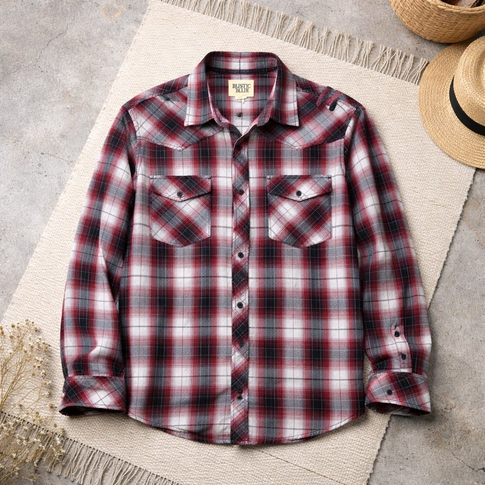 Rustic Blue Red Plaid 100% Cotton Button-Down Shirt, Size Medium